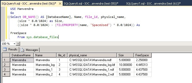 SQL Server database file space post data insert