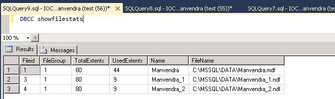 DBCC SHOWFILESTATS to check the total allocated pages/extents for each data file