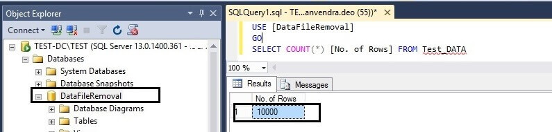 Row Count of the Test_DATA table in SQL Server Management Studio