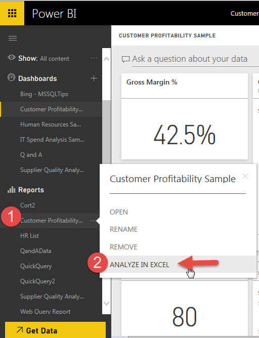 Power BI Analyze in Excel via Reports