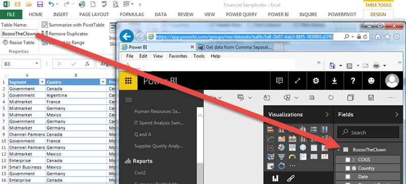 Specify the table name in Excel to reference the Power BI data
