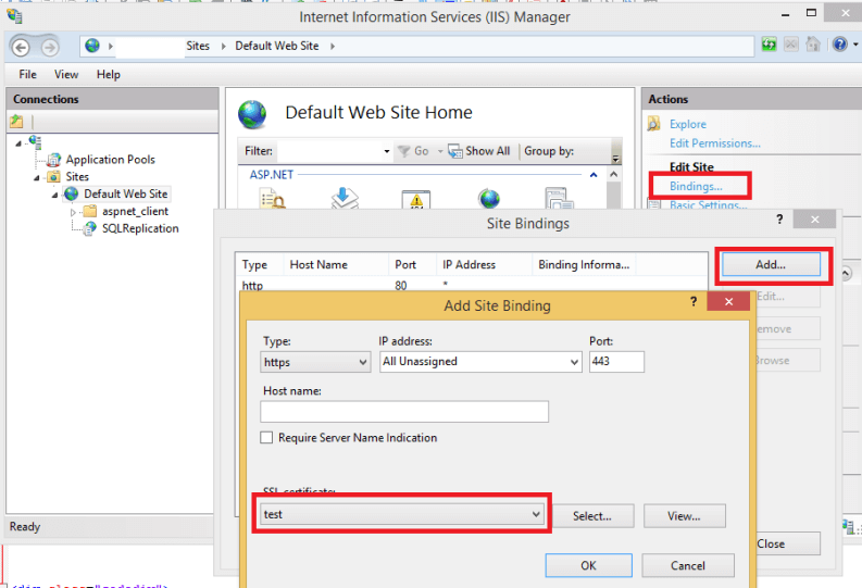 Add Site Binding for the Default IIS Website for SQL Server Replication