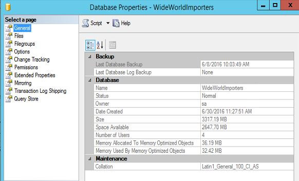 WideWorldImporters General Database Properties