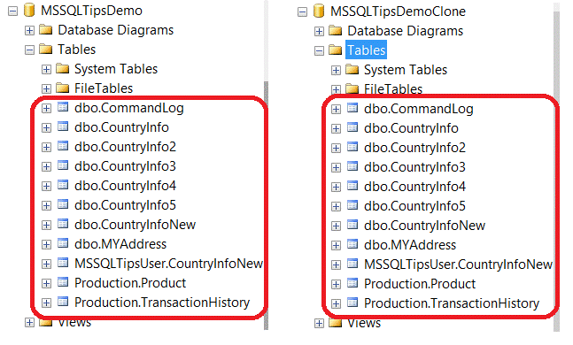 Comparison of Tables in SQL Server Management Studio between the original and cloned databases