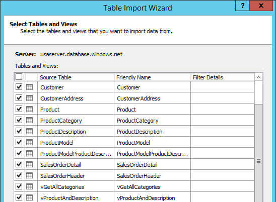 Table Import Wizard to Select the Tables and Views