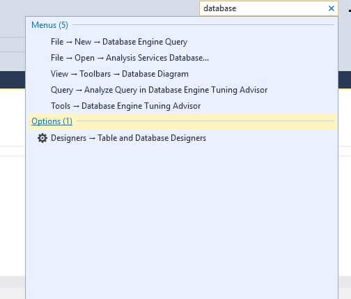 SQL Server Management Studio Quick Launch to search for database