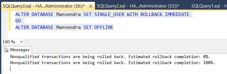 Switch SQL Server database to offline mode