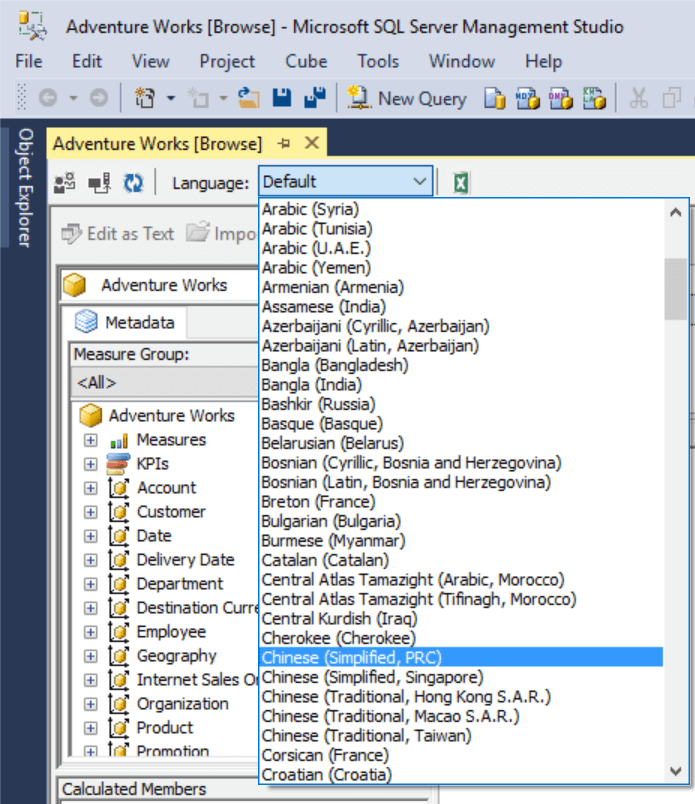 Select the Language in SQL Server Management Studio to Translate the Dimension