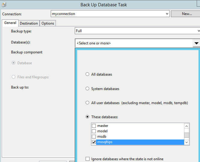SQL Server Integration Services Back Up Database Task select the database