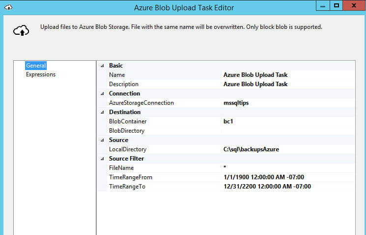 Azure Blob Upload Task Editor Completed