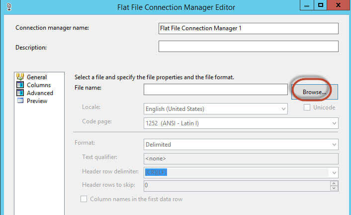 Browse for the file name in the Flat File Destination Editor