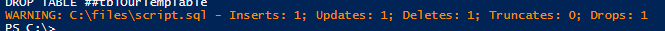 PowerShell output including the number of Inserts, Updates, Deletes, Truncates and Drops