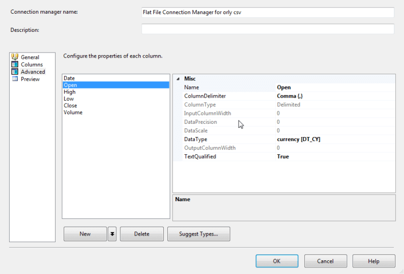 Open column in the Advanced Tab of the SQL Server Integration Services Connection Manager