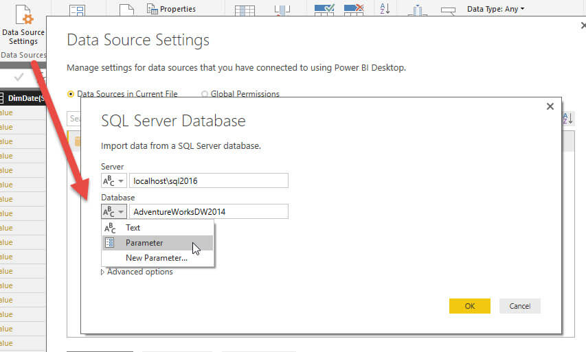 Select the SQL Server Database and parameter in Power BI