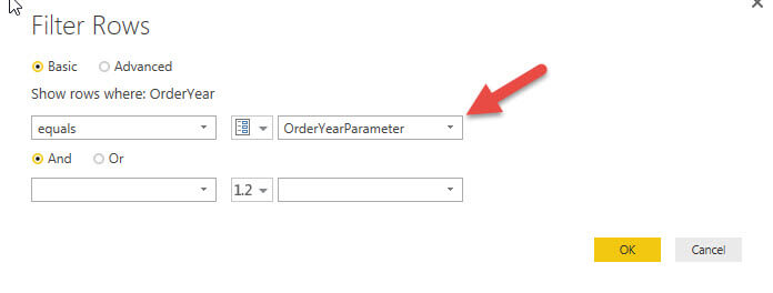 Filter 3 is where the OrderYearParameter equals a value in Power BI
