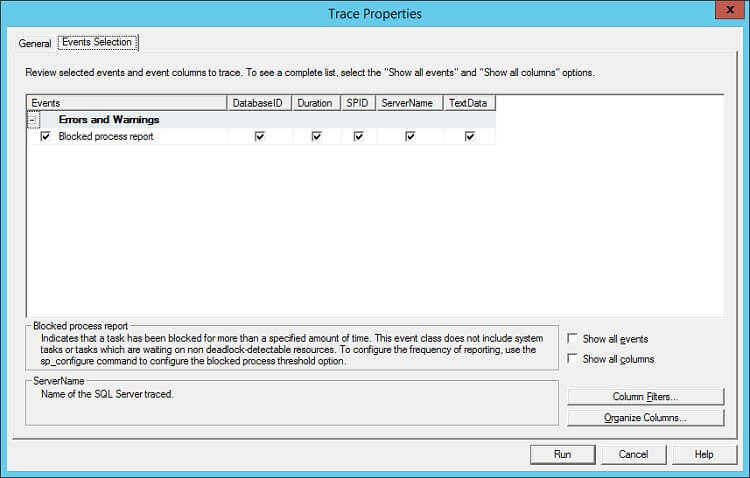 Event Selection tab in SQL Server Profiler