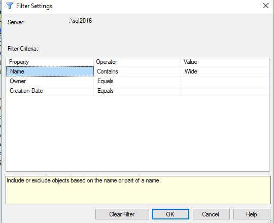 Database Name Filter Settings for Wide in SQL Server Management Studio