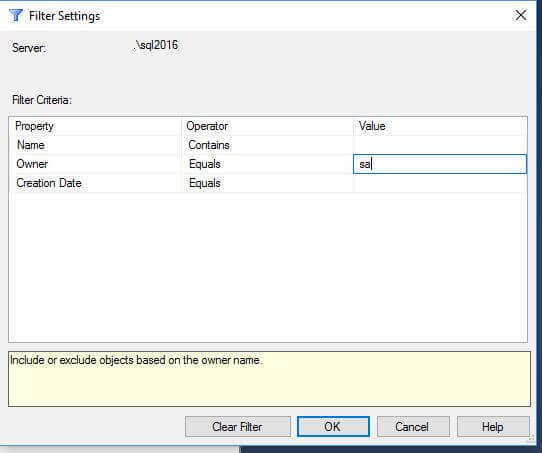 Filter databses in SQL Server Management Studio by database owner