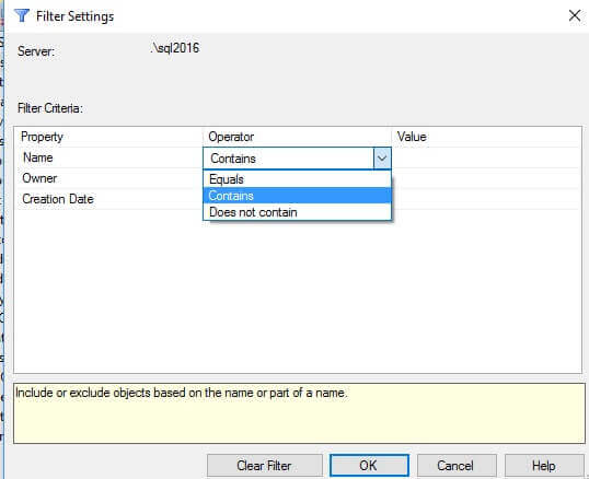 Filter settings in SQL Server Management Studio for database name
