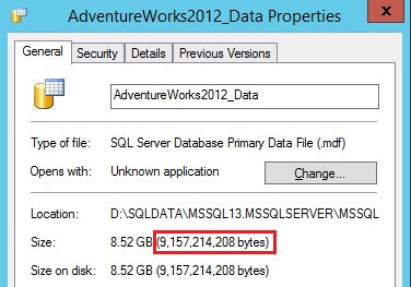 AdventureWorks2012 Data File Size