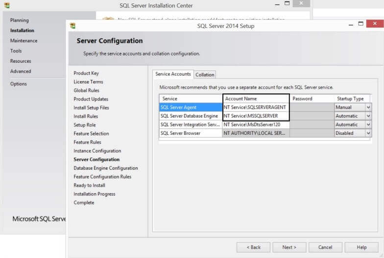 SQL Server Installation Server Configuration Page