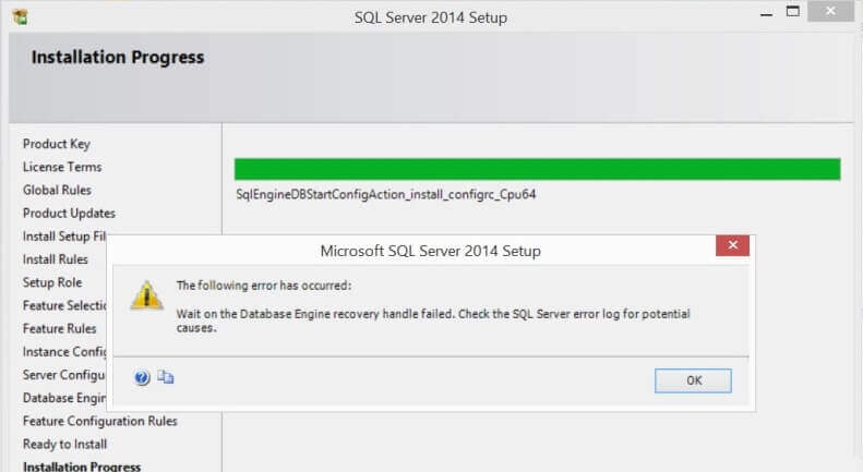 Wait on the Database Engine recovery handle failed. Check the SQL Server error log for potential causes.
