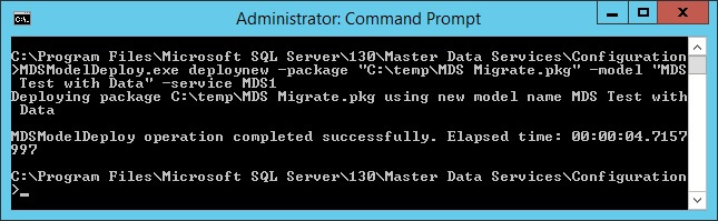 The command to deploy the package MDS Migrate.pkg which contains the MDS model and data to the destination MDS server