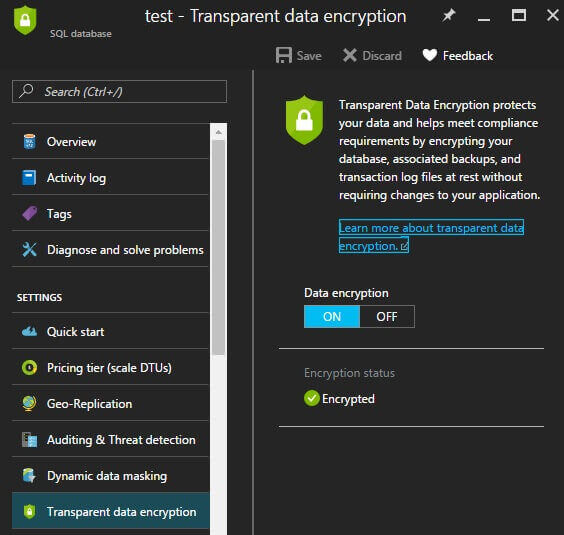 Azure SQL Transparent Data Encryption Set On
