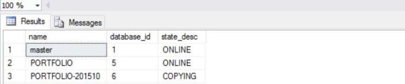 status of the database copy querying the sys.databases view