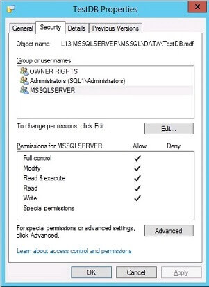 The database files permission is now reset to the Database Engine SID NT SERVICE\MSSQLSERVER