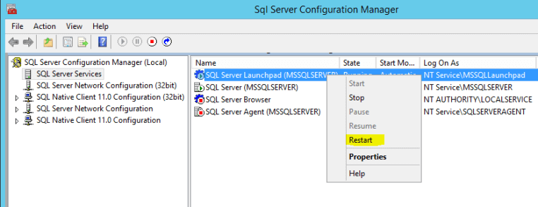 Restart SQL Server Launchpad Service