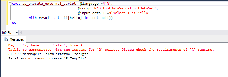 Unable to communicate with the runtime for "R" script. Please check the requirements of 'R' runtime