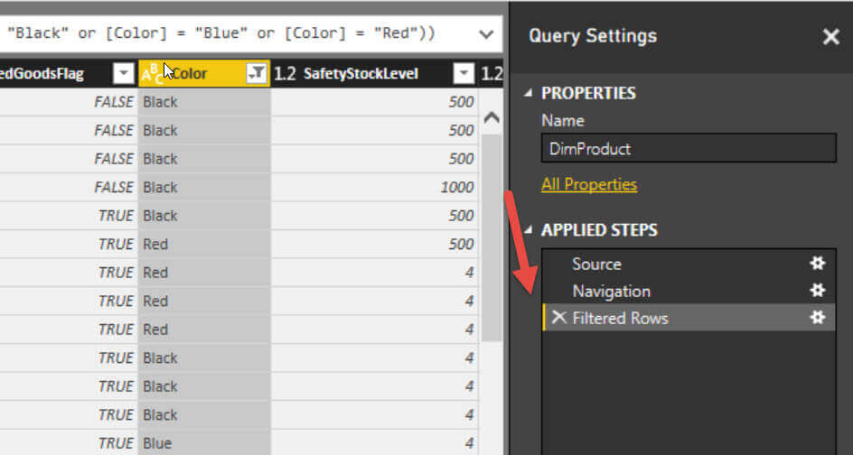 After clicking on OK, the filter step gets added to the Applied Steps panel.