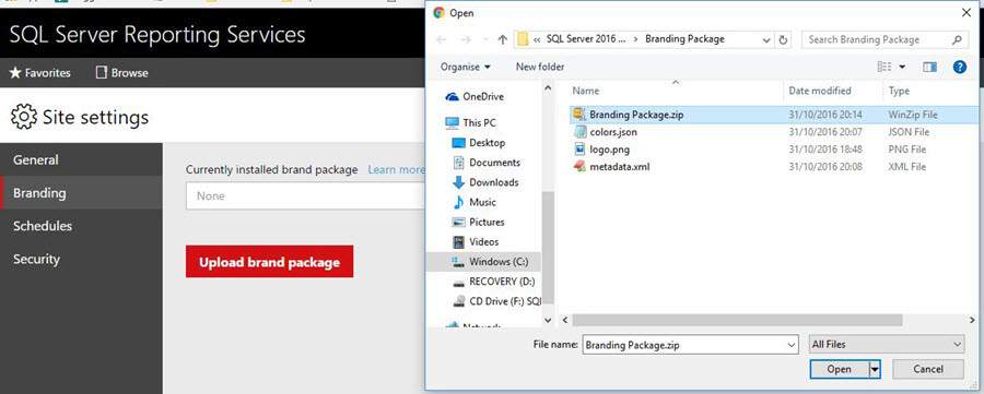 Select the branding package for SQL Server Reporting Services