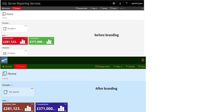SQL Server Reporting Services web portal before and after applying the branding package