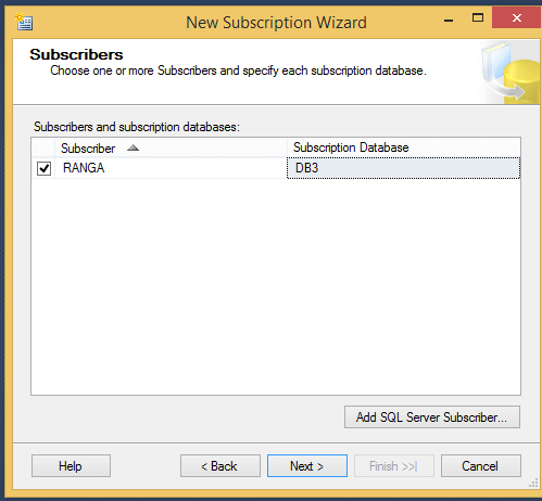 Select the subscriber and subscription database and finish the wizard