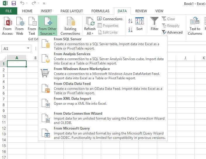 On the DATA tab in Excel, click From Other Sources and then click From Microsoft Query.