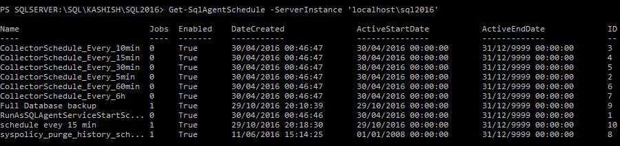 Get-SqlAgentSchedule -ServerInstance 'localhost\sql2016'