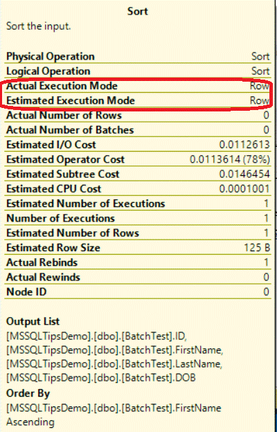 Sort Operator Properties with Row Processing Mode in SQL Server
