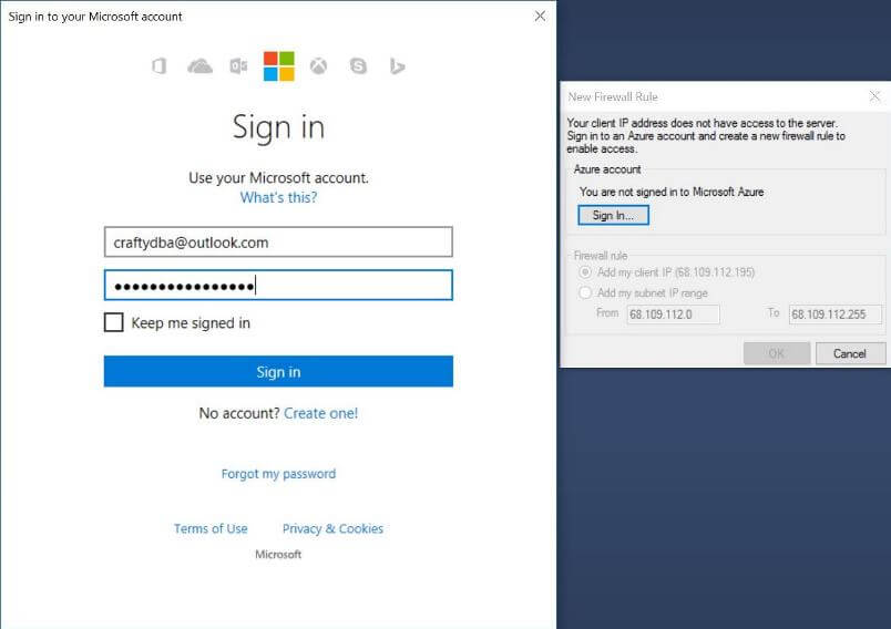 Add firewall rule to the Azure SQL Server and log in