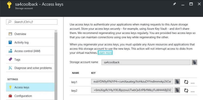 Portal - Cool Storage Account Keys