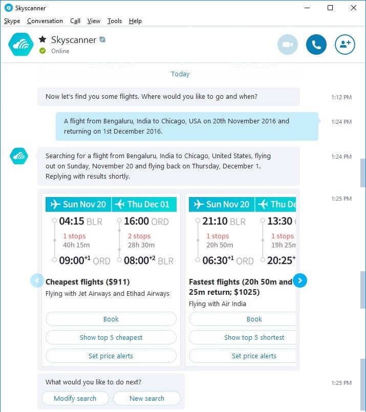 Response to a Flight Booking Query on Skyscanner Bot within Skype