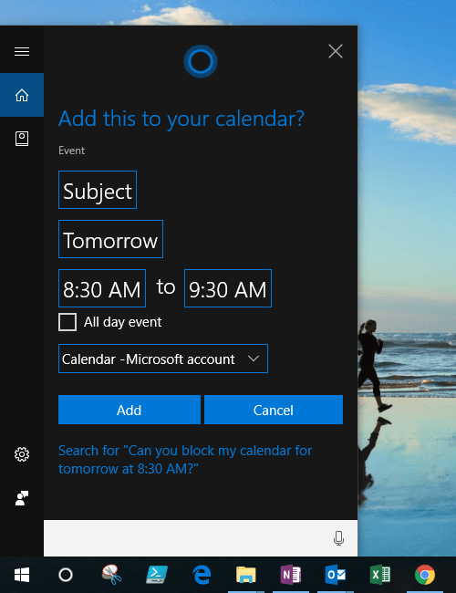 Response to Appointment Request in Cortana on Windows 10