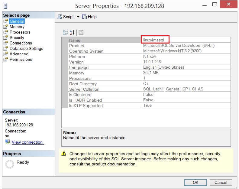 Right click on this instance in SSMS and select Properties to look at the server properties and check basic details of this SQL Server instance