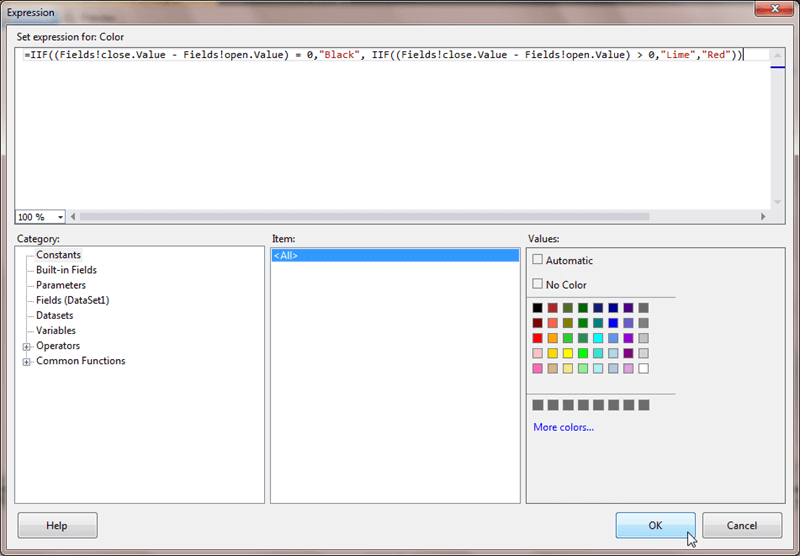 Expression assigns one of three colors to a candlestick in SSRS