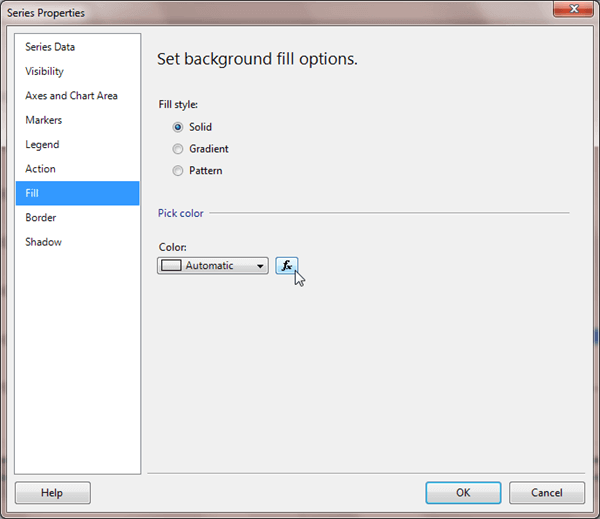 Fill menu item on the left side of the Series Properties dialog box in SQL Server Reporting Services