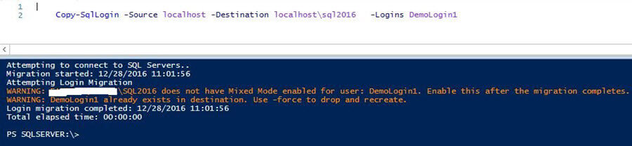 login is already present on the destination server, so warning suggests using the -Force parameter