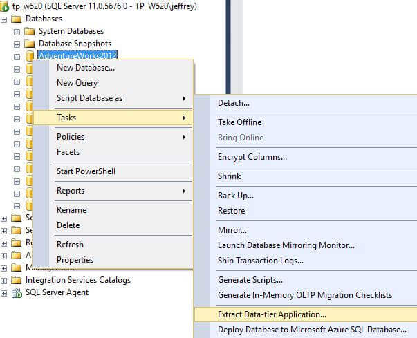 Extract Data-tier Application... in SQL Server Management Studio