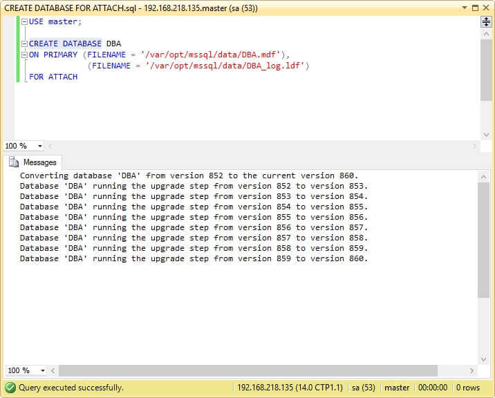 Screen capture showing how to attach a database.