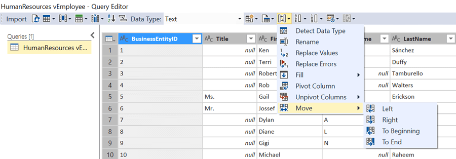 Move Column Options in SQL Server Data Tools for Analysis Services